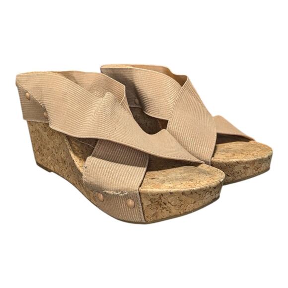 Lucky Brand Miller 2 Wedge Sandals Cross Strap Cork Womens 9 Open Toe Summer - Picture 1 of 6